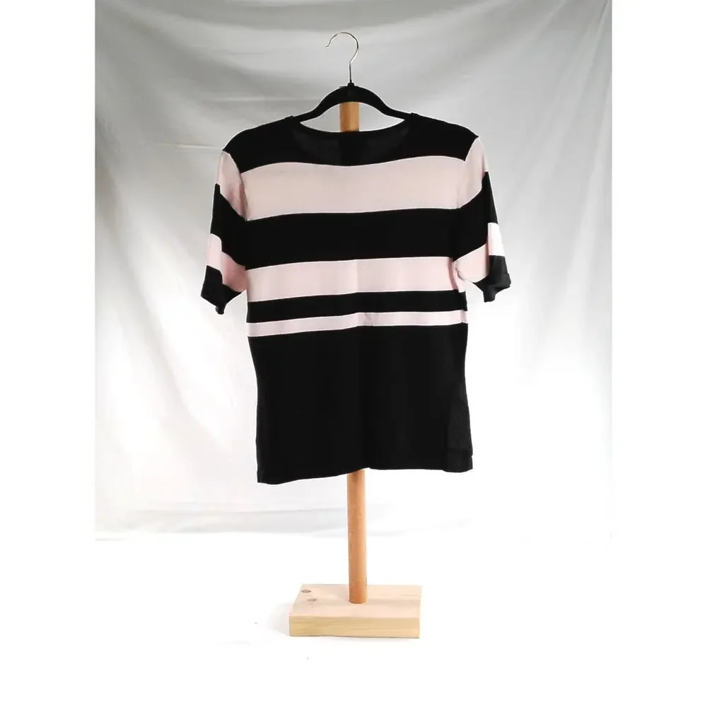 Yarnworks Women’s Medium Pink & Black Striped Knit Sweater Top Short Sleeve